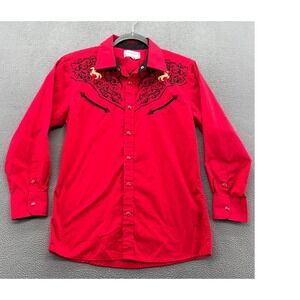 Ace of Diamond USA Shirt Youth 16 Red Western Snap Shirt Gold Horse Embroidery